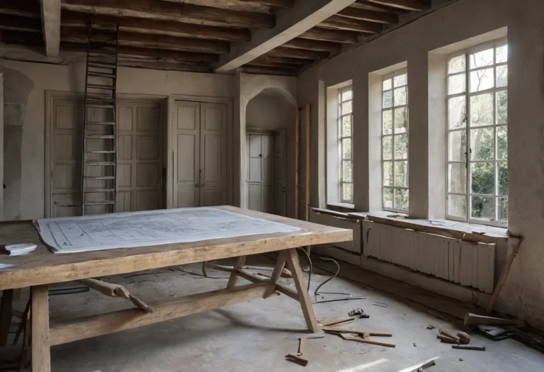 Villa room mid-renovation with layout drawings on a work table