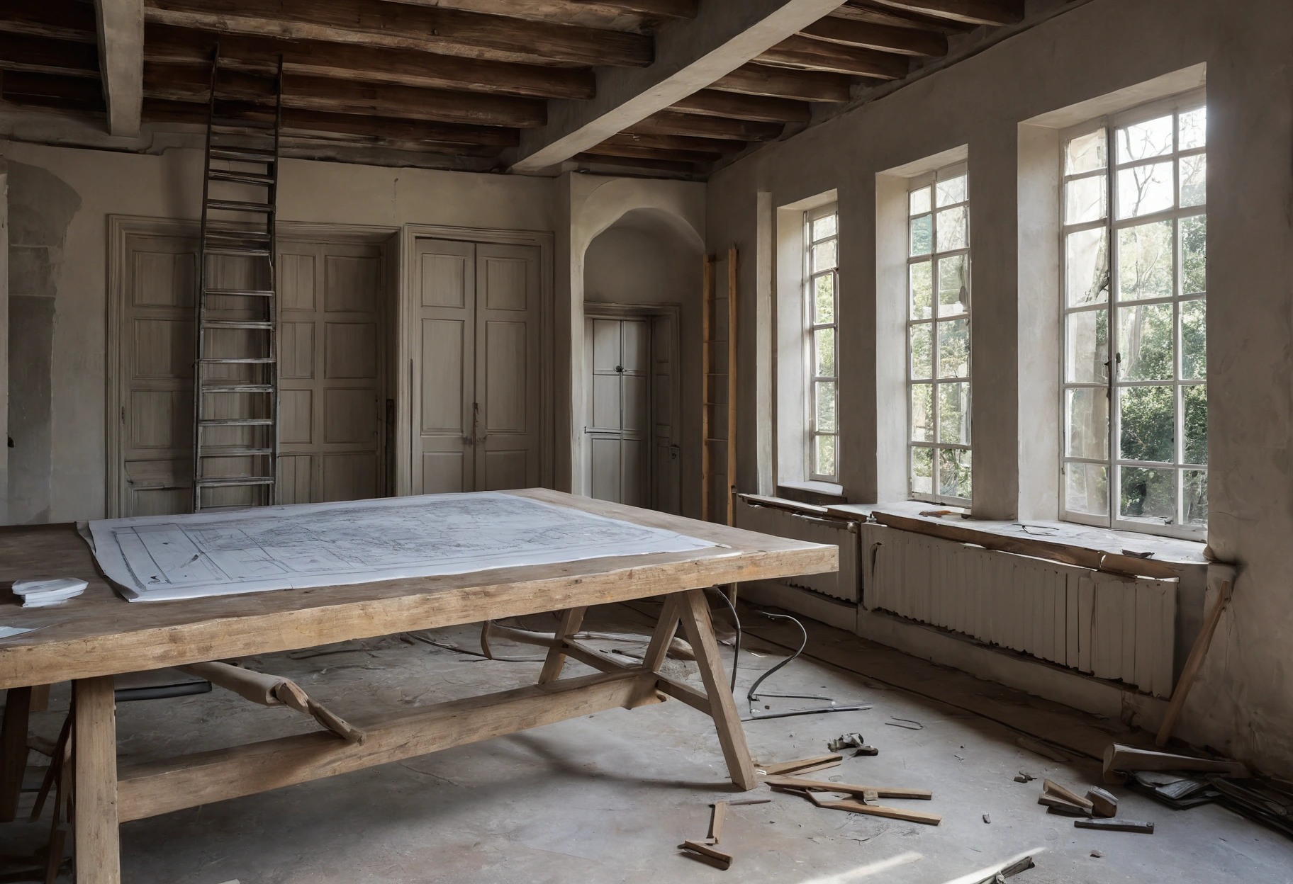Villa room mid-renovation with layout drawings on a work table