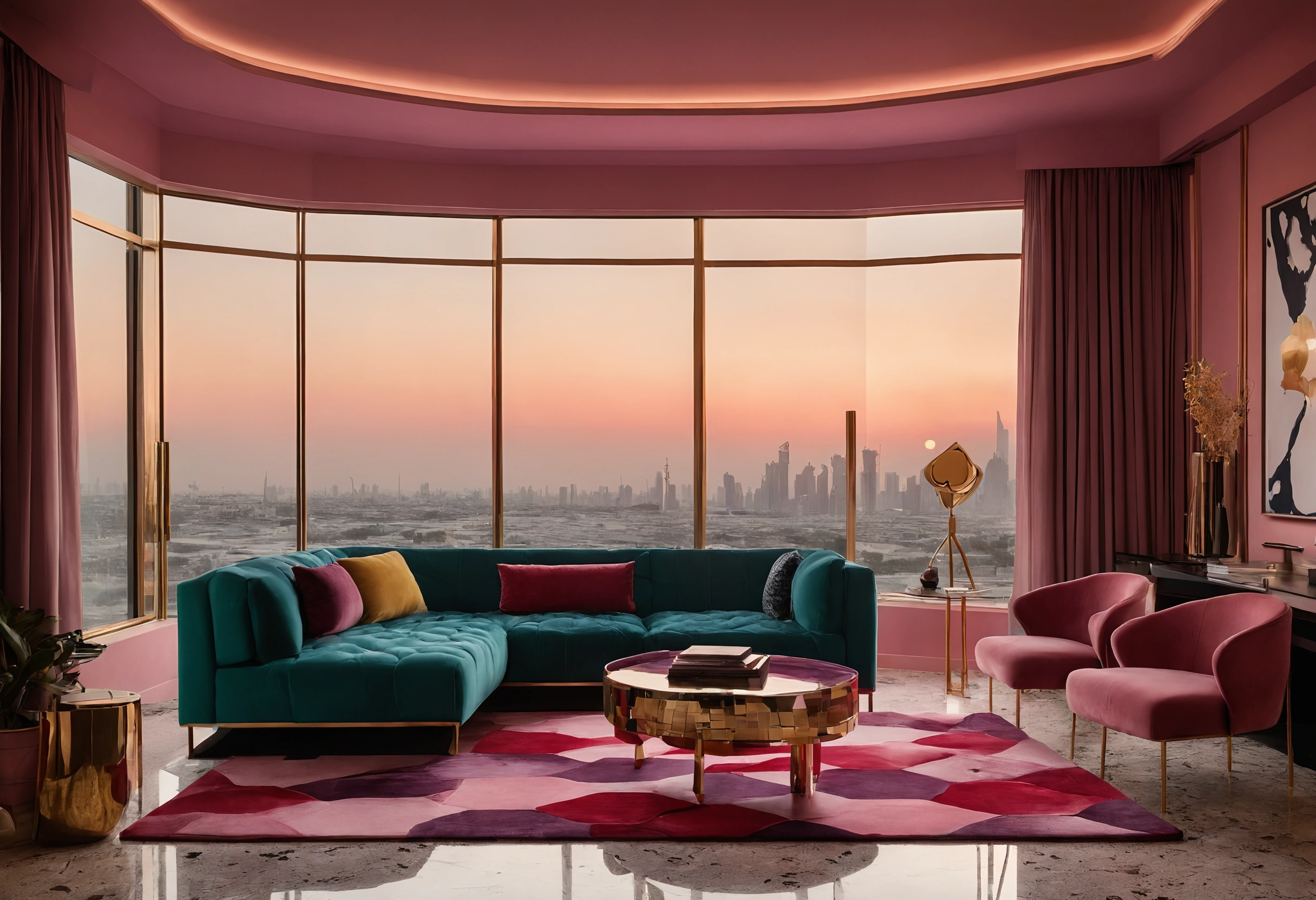 Living room with saturated color blocking, brass fixtures and a terrazzo floor against a twilight skyline