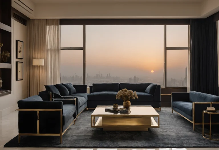 Penthouse lounge with navy velvet sofas, brass-framed tables and a dusk skyline through floor-to-ceiling glass